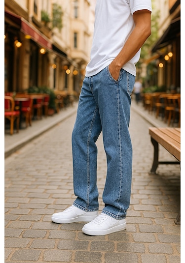 Baggy Mavi Renk Rahat Kesim Erkek Jeans Pantolon-1793 Mavi