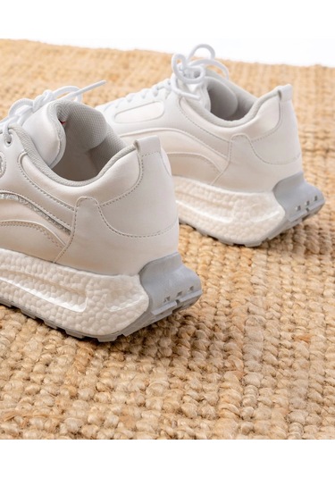 F-307 Beyaz Bağcıklı Saten Taş Aksesuarlı Günlük Spor Ayakkabı Beyaz