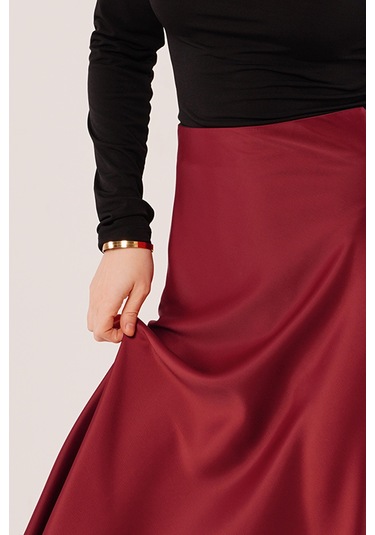 Çan Kesim Midi Bordo Saten Etek Bordo