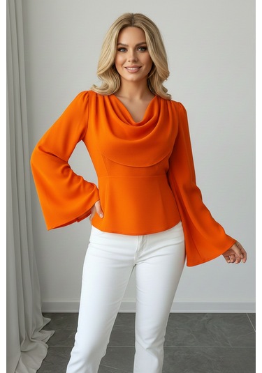 Khi-zai Kadın Degaje Yaka Şehirli Stil Bluz Turuncu
