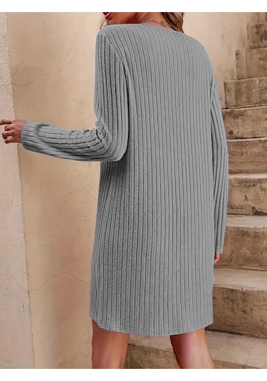 Kadın Uzun Kollu V Yakalı Kısa Şardonlu Kaşkorse Elbise Gri