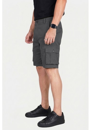 Deepsea Erkek Füme Likralı Gabardin Modern Fit Kargo Kapri Şort Çok Cepli Yazlık Rahat Kesim Şort 2002014