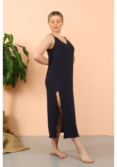 Akbeniz Kadın İp Askılı Yırtmaçlı Uzun Lacivert Gecelik 90119-lacivert Lacivert