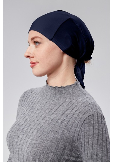 Kadın Tesettür Likralı Penye Dikişsiz Kaymaz Düz Bağlamalı Bone Lacivert