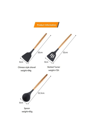 12 Parça Ahşap Saplı Siyah Silikon Mutfak Seti - Mikrodalga, Fırın, Bulaşık Makinesi Uyumlu Siyah