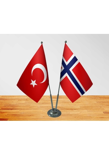 Masa Üstü Norveç Bayrağı Türk Bayrağı İkili Krom Direk Masa Bayra