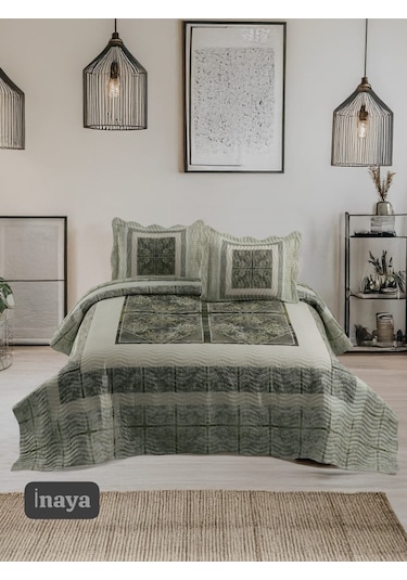 Örtüm Çift Kişilik Kapitone Yatak Örtüsü Ekru - Haki