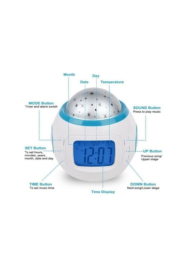 Metabagua Çocuk Müzik Led Yıldız Gökyüzü Projeksiyon Gece Işık Dijital Çalar Saat Termometre Rhıvk6 Beyaz