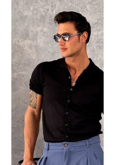 Modefendi Slim Fit Polo Yaka Triko Pamuk Kısa Kollu Gömlek Siyah