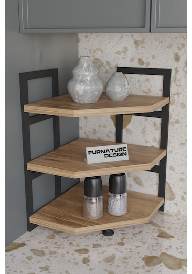 Akın Köşe Baharatlık 3 Raflı Mutfak Tezgah Üstü Köşe Raf - Çam Atlantik Çam