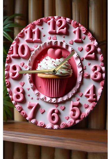Kalpli Cupcake Temalı Mdf Duvar Saati 33 Cm, 3d Görünümlü, Sessiz Mekanizmalı, 2d Hd Baskı Sdw238 Renkli