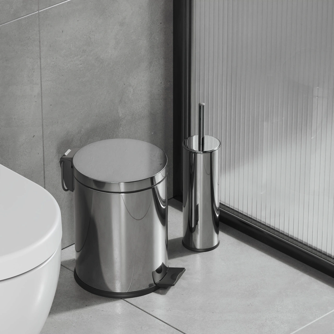 Aqua Bagno Basic Set - Klozet Fırçası + Çöp Kovası 5 L, 2 Parça, Parlak Krom Paslanmaz Krom