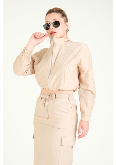 Giyim Dünyası Kadın Paraşüt Crop Mont Açık Camel 001