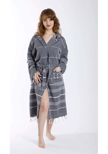 Kapüşonlu Kadın / Erkek Peştemal Bornoz Soft %100 Pamuklu Natural 001