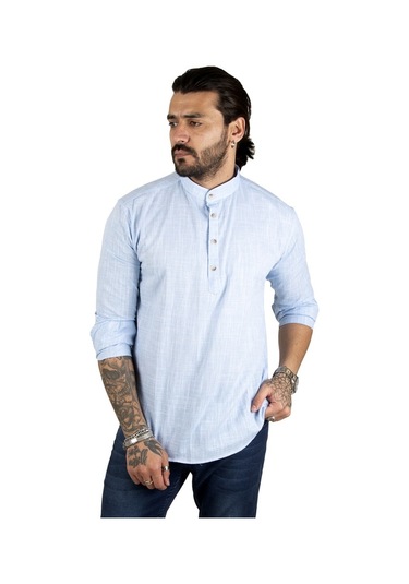 Deepsea Erkek Mavi Yarım Düğme Gömlek 2201914 Mavi
