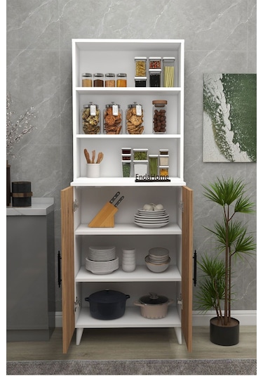 Enda Home Oras 6 Raflı 2 Kapaklı Dolaplı Kitaplık Atlantik Çam - Mat Beyaz