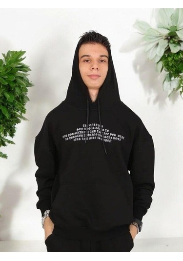 Erkek Çocuk Yazılı Kapüşonlu Sweatshirt-15238 Siyah