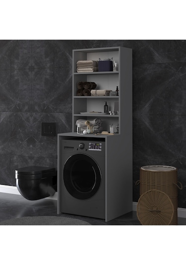 Asra Trend Çamaşır Makinesi Üstü Banyo Dolabı BD-04 %100 MDF 4 Katlı Organizer Raf Antrasit