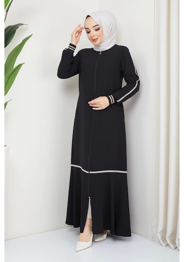 Siyah Kol Ribanalı Şeritli Medine Ipeği Ferace Siyah