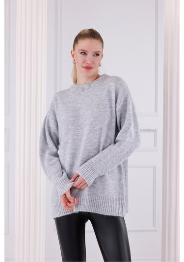 Bisiklet Yaka Oversize Basic Triko Kazak Gri