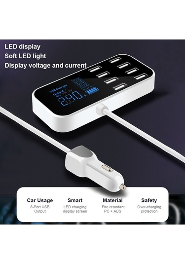 Sandwich A9s 8 Yuva Usb Şarj Cihazı, 12-24v 40w Led Ekranlı Akıllı Telefon Tablet Dvr Şarjör