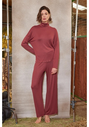 Monamise Kadın Balıkçı Yaka Çizgi Desenli Alt Üst Takım 21133 Kiremit