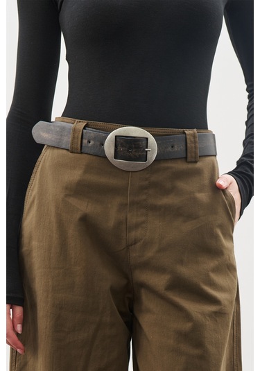 Büyük Oval Tokalı Kemer Siyah Siyah