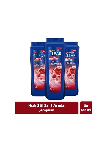 Clear Hızlı Stil 2'si 1 Arada Kepeğe Karşı Etkili Şampuan 3 x 485 ML