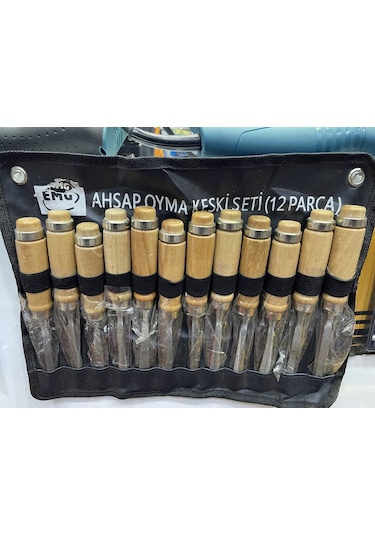 12 Parça Profesyonel Iskarpela Ahşap Saplı Oyma Seti Özel Çantalı