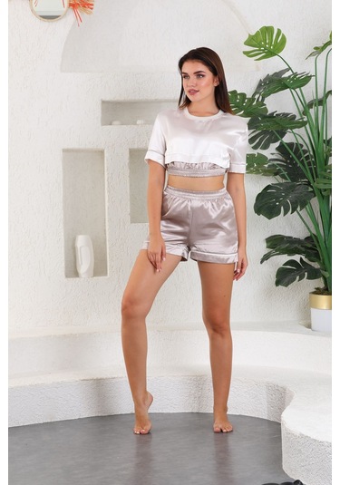 Laperissa Kadın Bej Saten Dokuma Lastik Detaylı Şık Pijama Takımı Bej