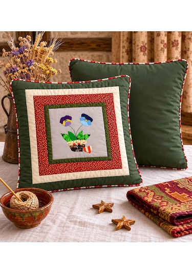 Poplin Pamuklu Kırkyama Patchwork Dekoratif Kırlent Kılıfı 45x45 Cm Çimen Yeşili