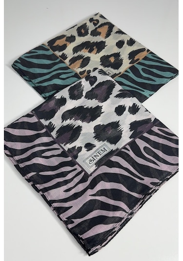 Sinem İndia Leopar Desen 2'li Sorti Eşarp -6294 Mor-mavi