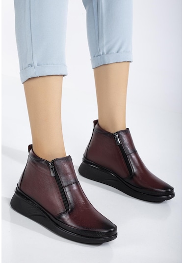 Hakiki Deri Ortopedik Kadın Bot Bordo 2 Fermuarlı Dolgu Tabanlı-3295 Bordo