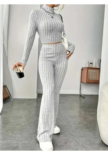 Kadın Uzun Kollu Balıkçı Yaka Krop Ve Pantolon Şardonlu Kaşkorse Ikili Takım Gri