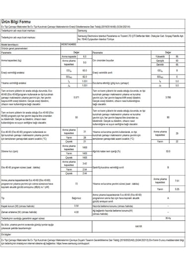 Samsung WD5000T WD90TA046BE1AH 1400 Devir 9+6 KG Kurutmalı Çamaşır Makinesi