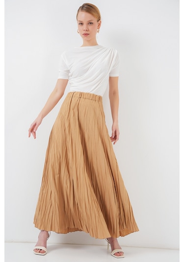 Kadın Uzun Kırışık Etek 8042 - Bisküvi Bisküvi