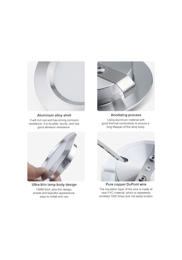 Xindoker Alüminyum Gömülü Dolap Lambası - 12 Adet Smd2835 Led Işık, 4000k Doğal Beyaz, 3w, Yumuşak Işık, 120 Açı, 55-60mm Delik Uyumlu Gümüş Gümüş