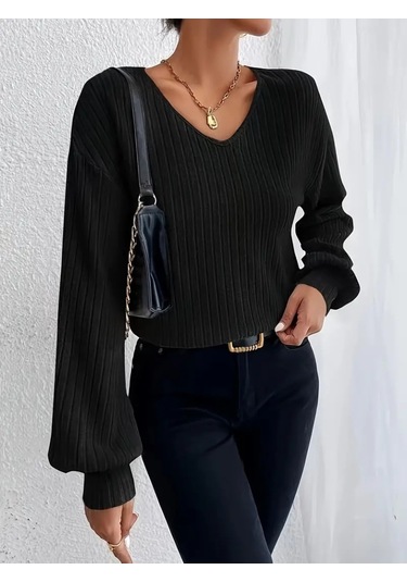 Kadın Uzun Kollu V Yakalı Salaş Şardonlu Kaşkorse Bluz Siyah