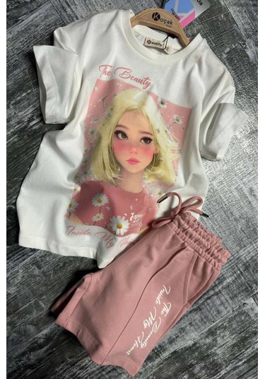 Riccotarz Kız Çocuk Papatya Ve The Beauty Yazı Baskılı Penye T-shirt Pudra Şortlu Takım Pudra