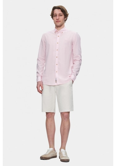 Ucla Jacquez Şeker Pembe Keten Nakışlı Standard Fit Erkek Gömlek Şeker Pembe
