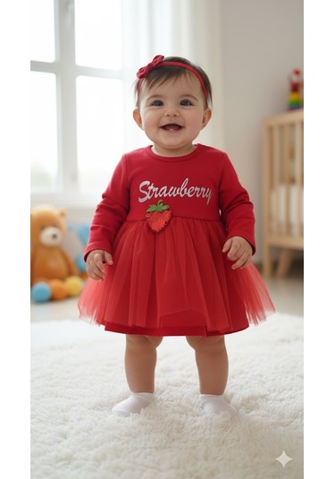 Kız Bebek Yılbaşı Noel Temalı Çilek Elbise Kırmızı