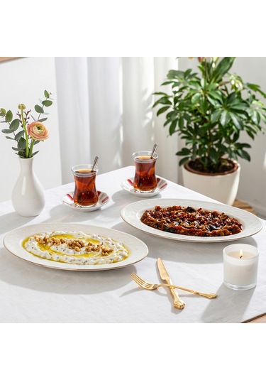 Porsima 4455 Burçak Porselen Altın Fileli Kayık Tabak Seti - Oval Kahvaltılık Sunumluk Seti 30cm Beyaz