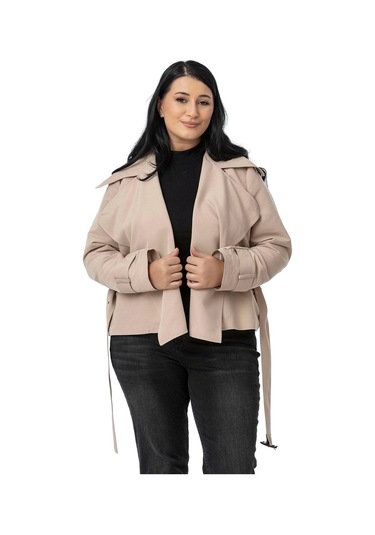 Büyük Beden Mono Yaka Kemerli Astarlı Kısa Bej Rengi Trençkot Bej