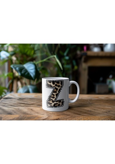 Z Baş Harf Leopar Desenli Kupa Bardak - Kişiye Özel Feminen Konsept Hediye - Vahşi Hayvan Desenli Beyaz