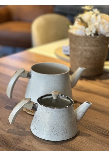 Yunusoğlu Home Granit Kaplama Pramit Cam Kapaklı Çaydanlık Krem Bej