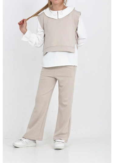 Kız Çocuk 3'lü Takım Pantolon+yelek+bluz 12429 Ekru