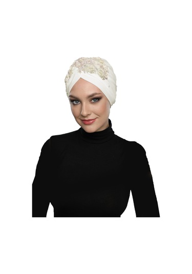 Kopma Astarlı İşlemeli Krem -pudra Dantel Motifli Hazır Türban Tesettür Abiye Bone Krem - Pudra