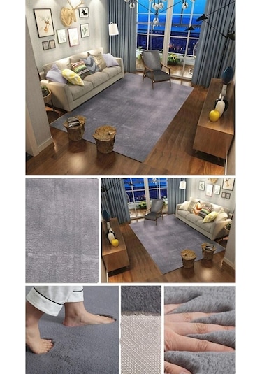 Raschel Carpet Kesme Yolluk Kaymaz Taban Yumuşak Peluş Halı Koyu Gri