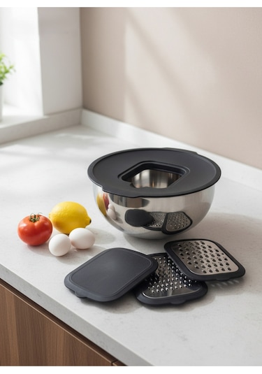 Gökdil 24 Cm Çelik Karıştırma Kabı Kapaklı & Rende Aparatlı Gri