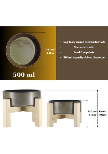 Yılmazel Seramik Mama Su Kabı Evcil Hayvanlar İçin Çift Taraflı Ahşap Ayaklı